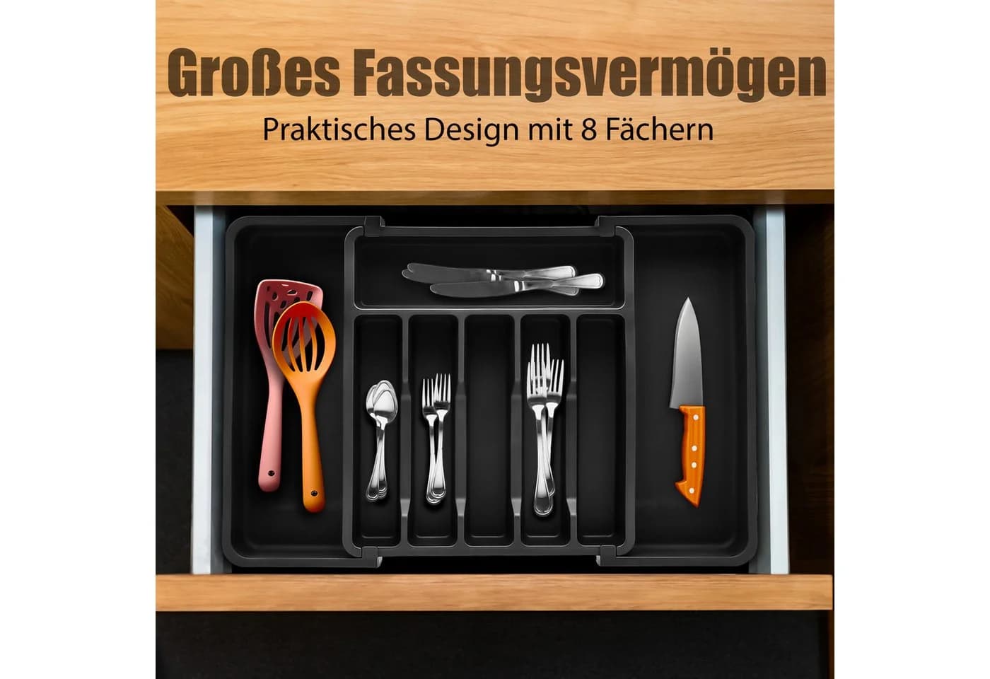 BigDean Besteckeinsatz Schubladen Organizer Schwarz Kunststoff