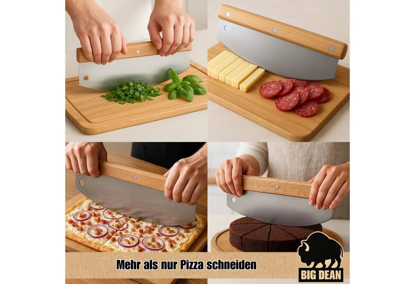 BigDean Pizzaschneider 32cm Edelstahlklinge Wellenschliff Holzgriff