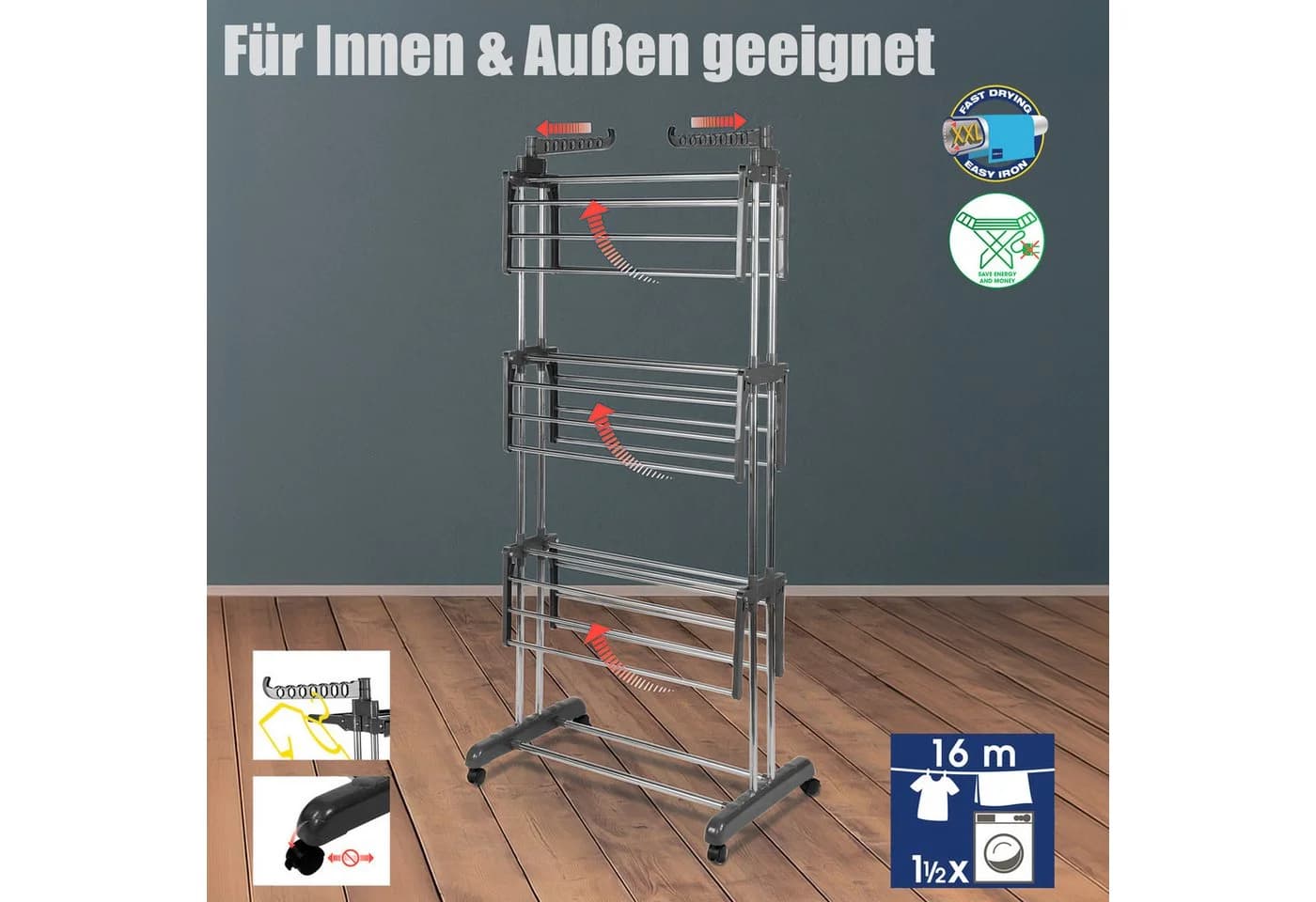 BigDean Wäscheständer Turm Grau 3 Ebenen 18m Trockenlänge - Bild 4