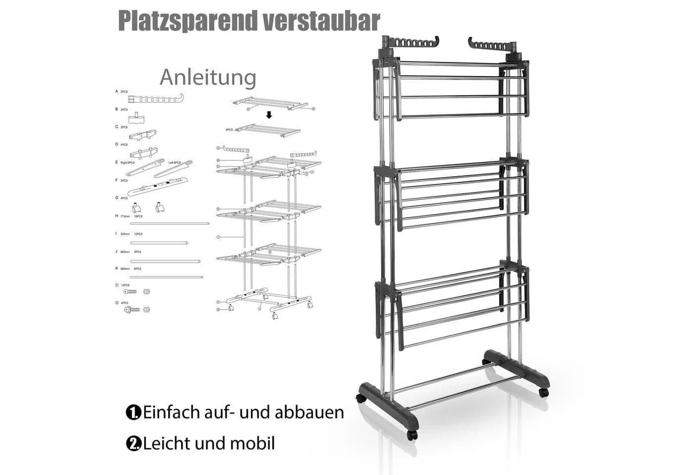 BigDean Wäscheständer Turm Grau 3 Ebenen 18m Trockenlänge - Bild 5