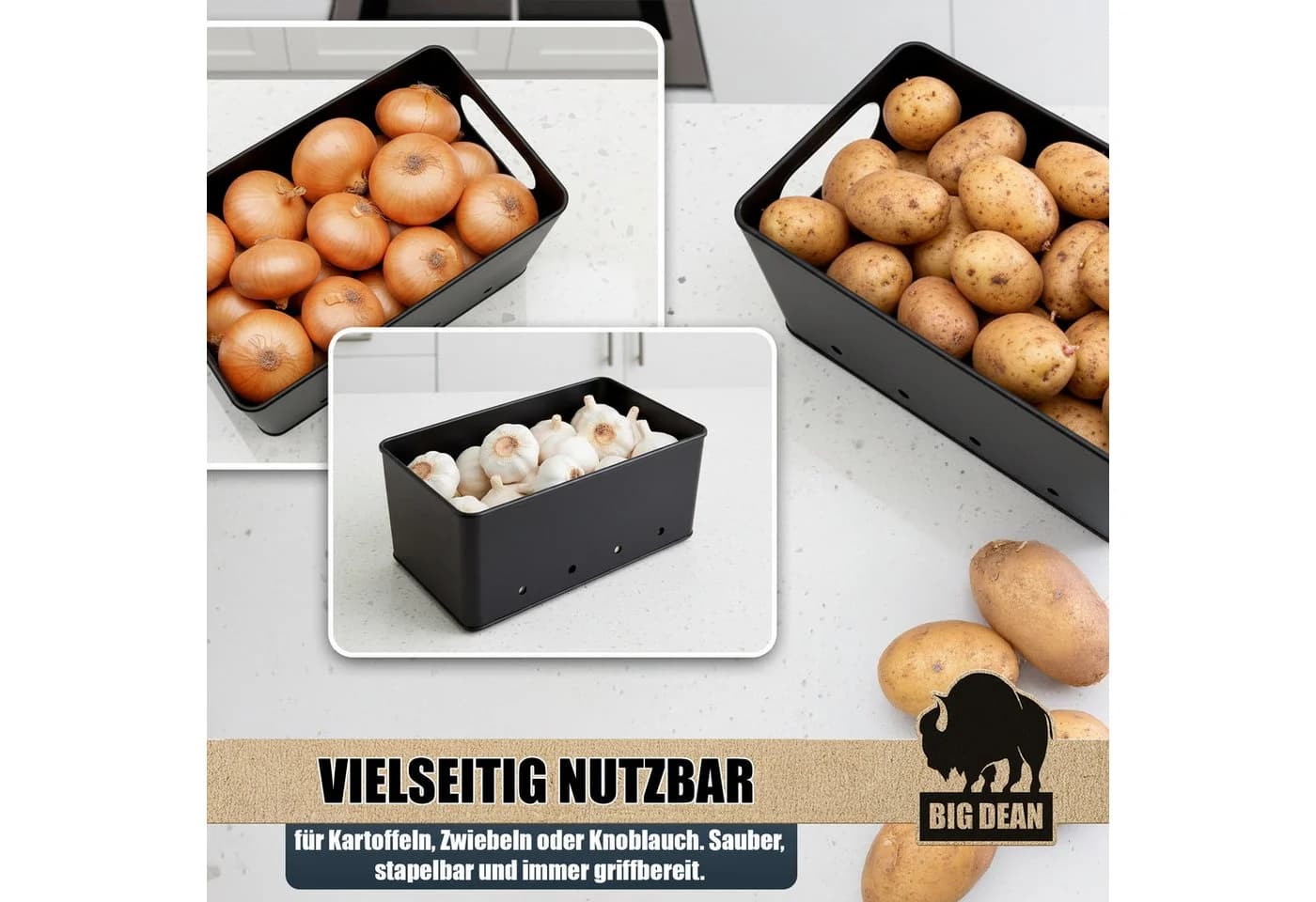 BigDean Kartoffelkiste 3er Set Kartoffel Aufbewahrungsbox für Kartoffel, Zwiebel & Knoblauch - Bild 5