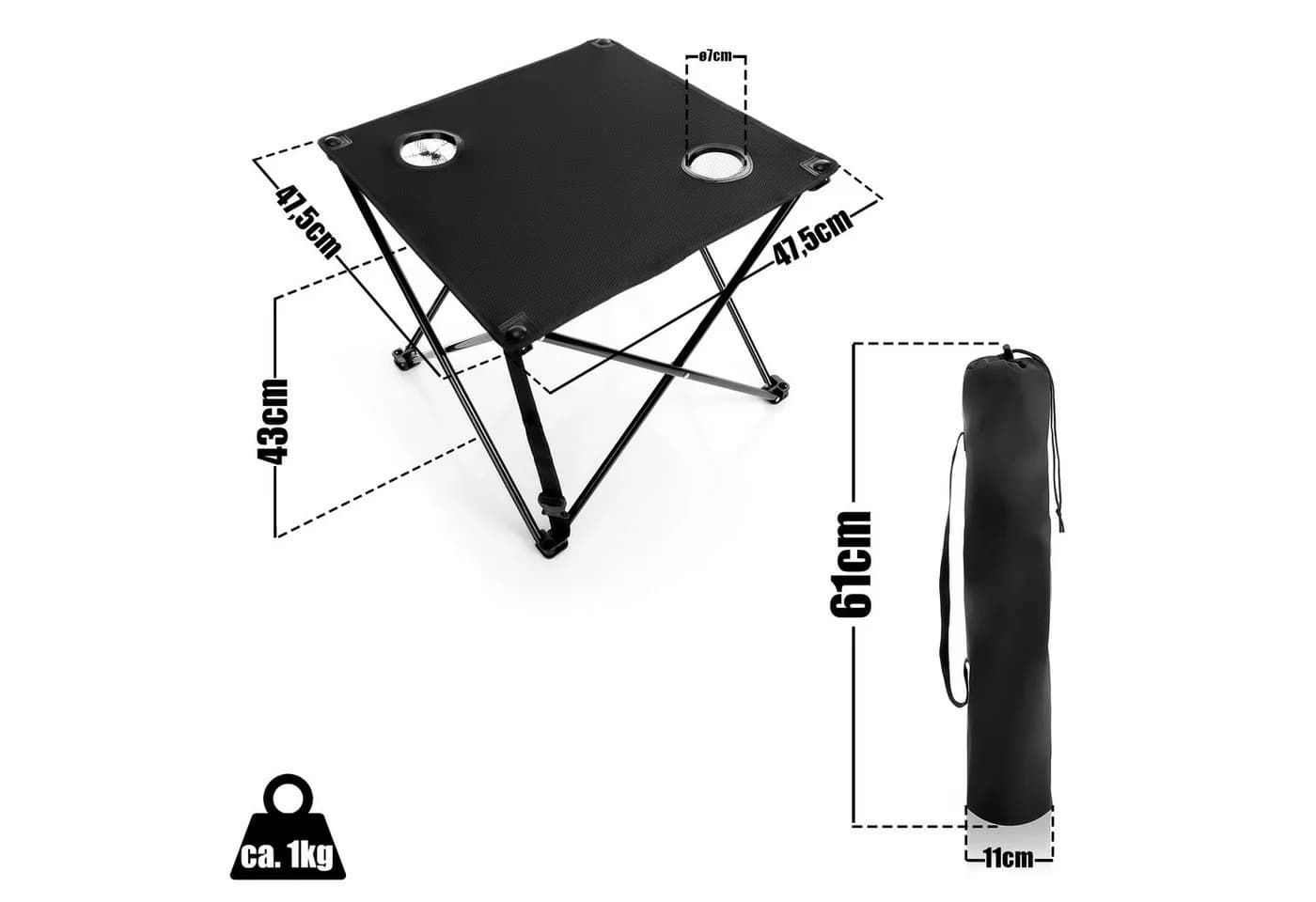 BigDean Campingtisch Faltbar Schwarz 30kg Belastbar mit Getränkehaltern - Bild 3