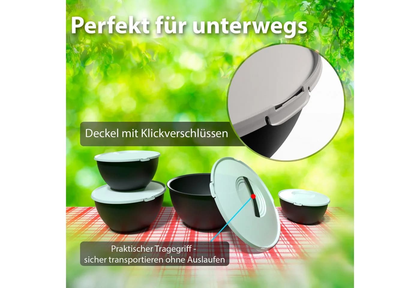 BigDean Salatschüssel Set 4-tlg. mit Deckel Anthrazit Schwarz Kunststoff - Bild 5