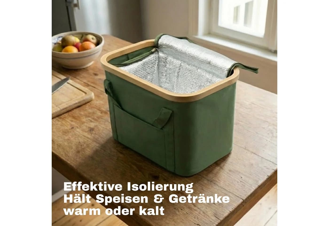 BigDean Picknickkorb 2-in-1 mit Kühltasche und Bambusdeckel Grün