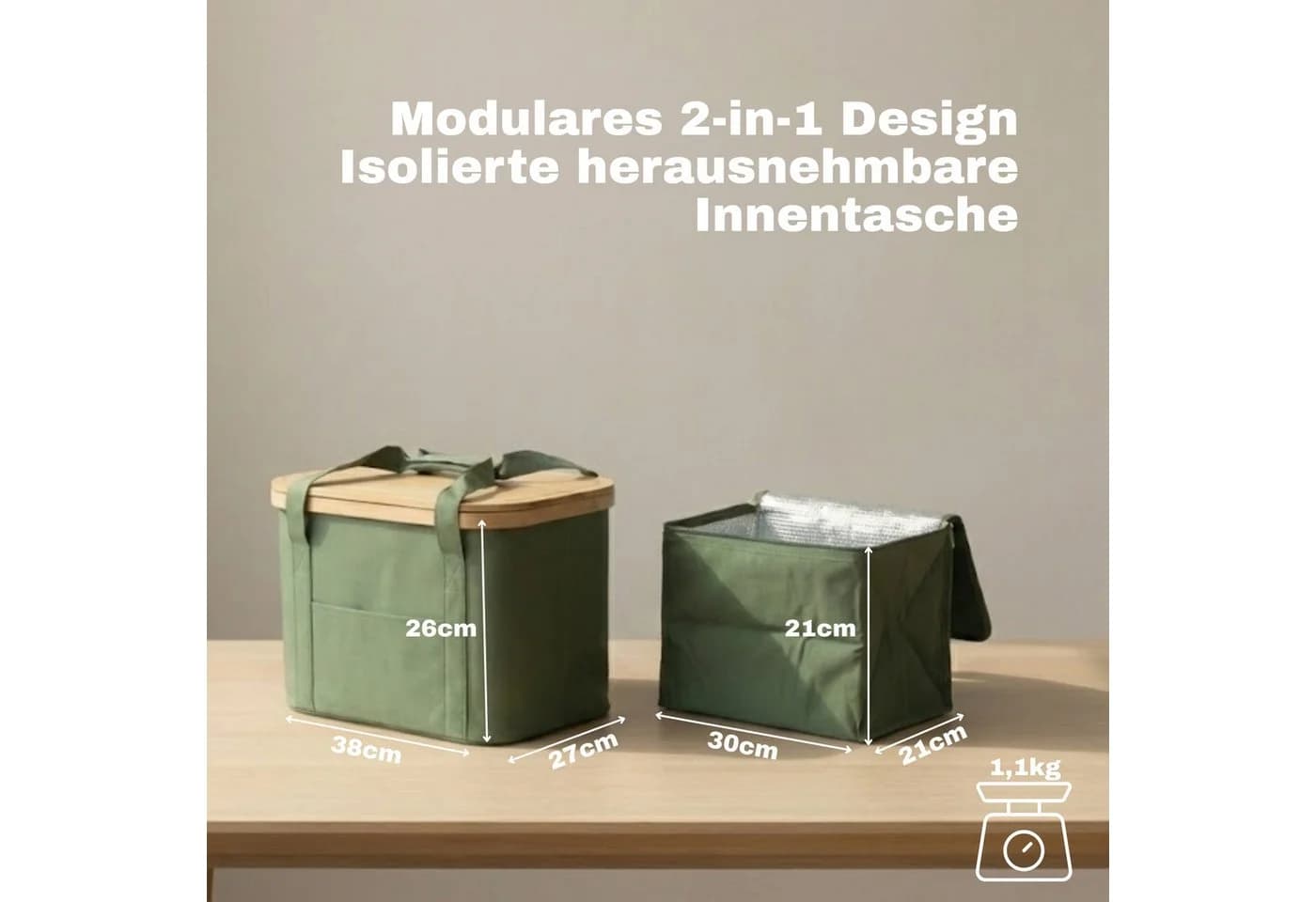 BigDean Picknickkorb 2-in-1 mit Kühltasche und Bambusdeckel Grün - Bild 3