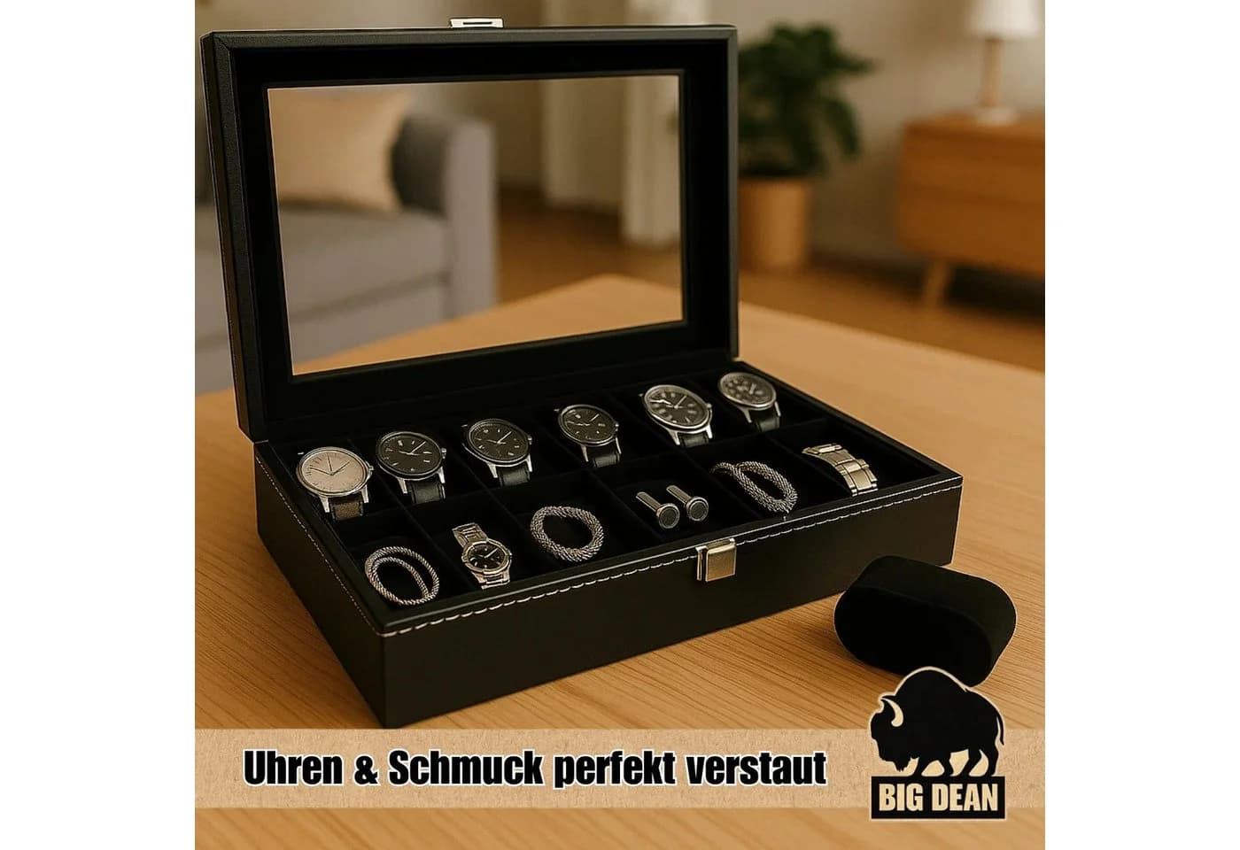 BigDean Uhrenbox für 12 Uhren Glasdeckel Kunstleder Samtfutter