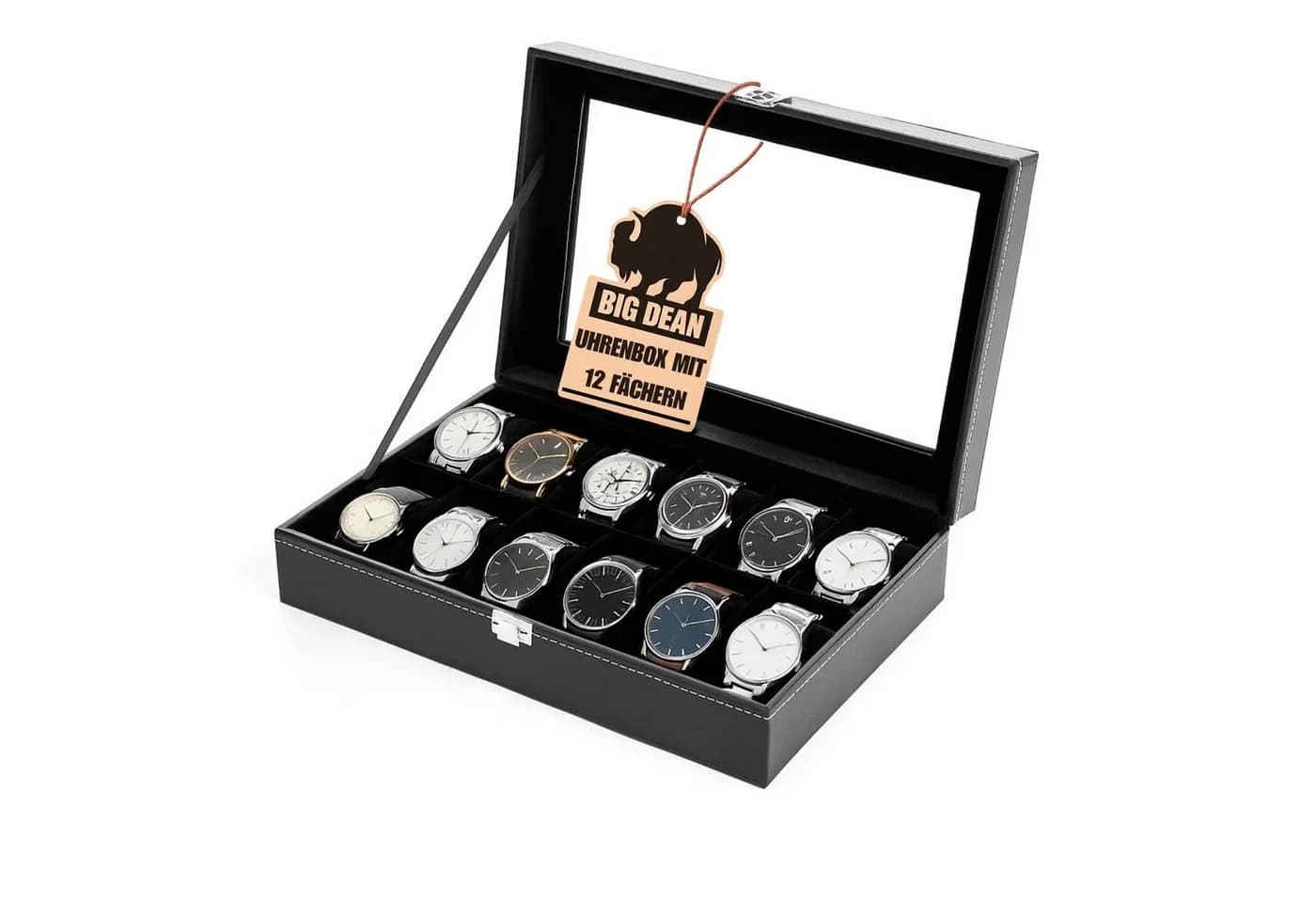 BigDean Uhrenbox für 12 Uhren Glasdeckel Kunstleder Samtfutter - Bild 2