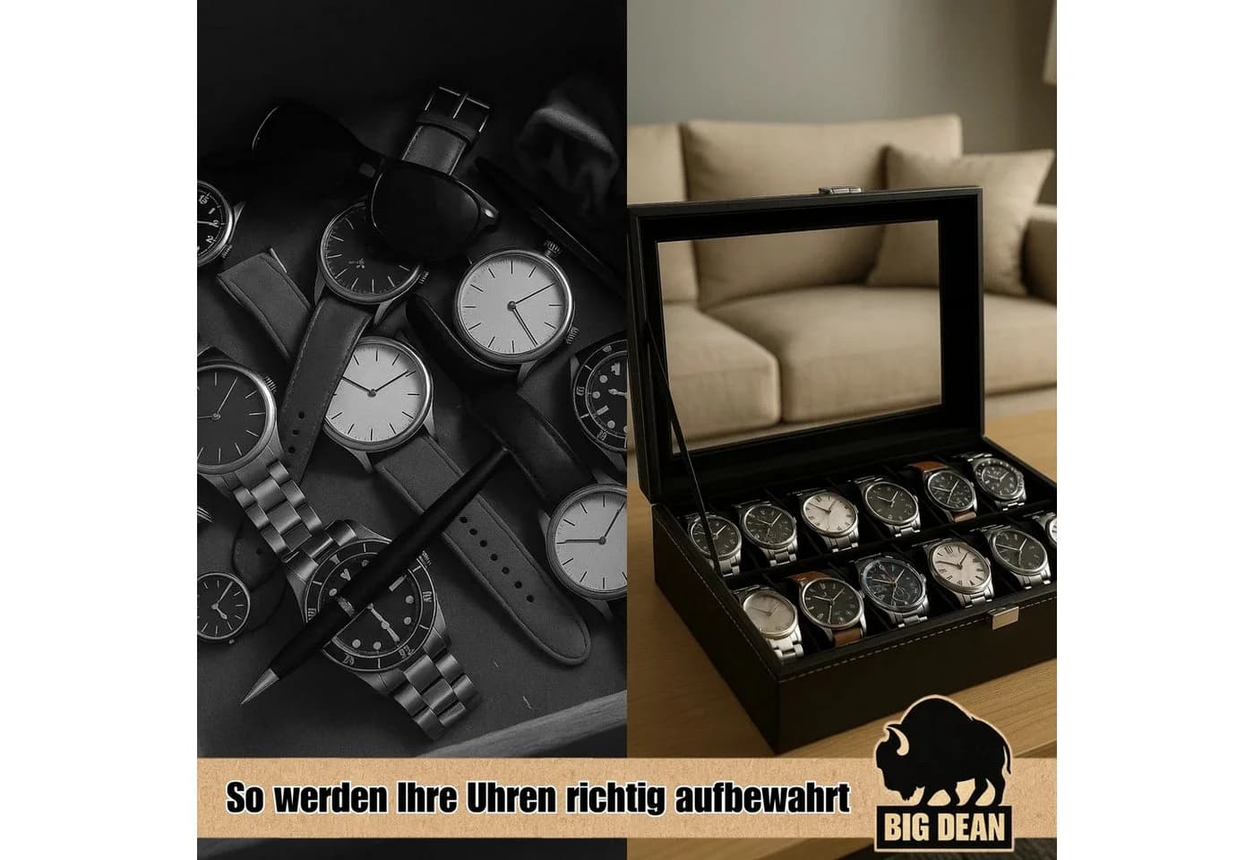 BigDean Uhrenbox für 12 Uhren Glasdeckel Kunstleder Samtfutter - Bild 4