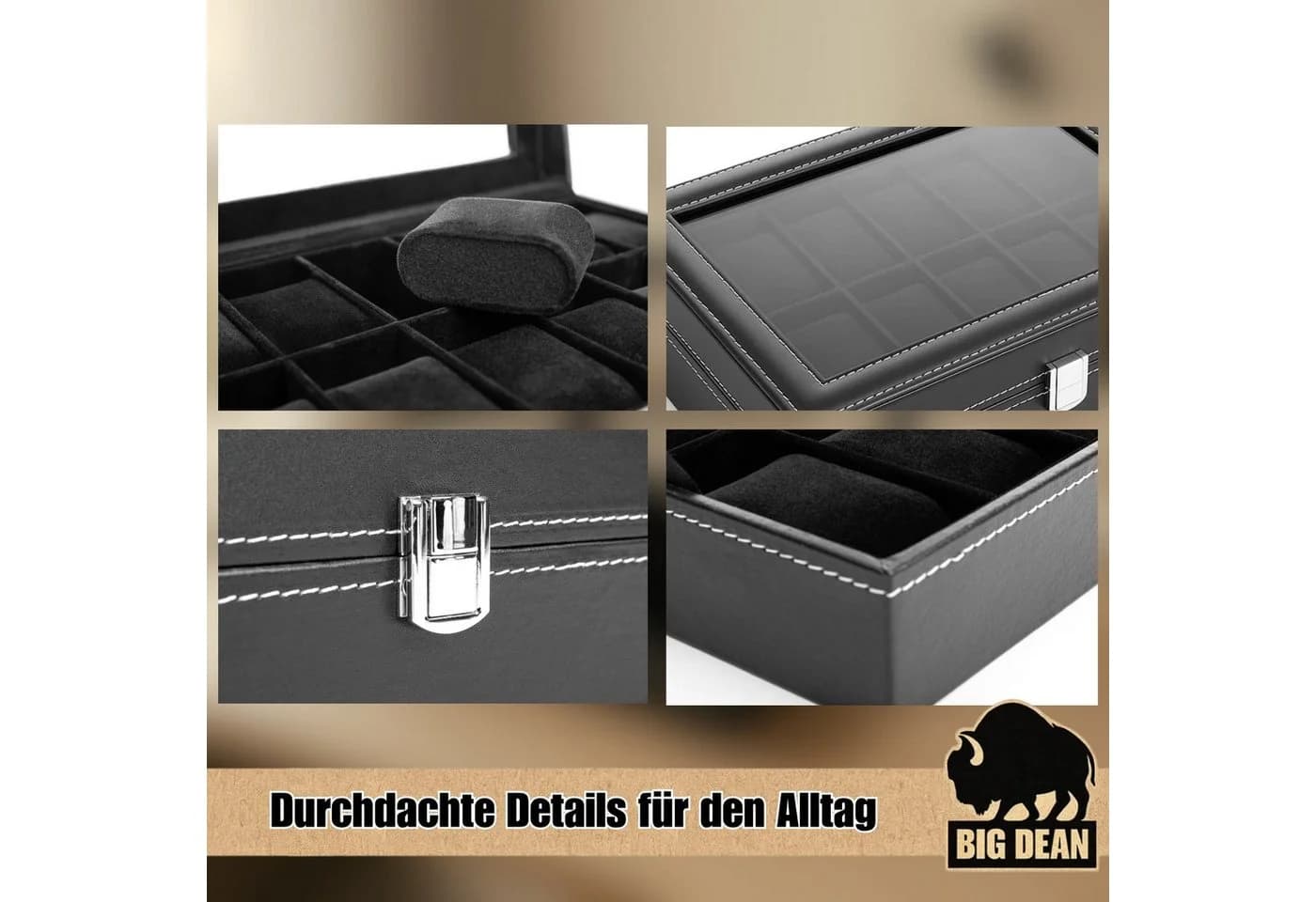 BigDean Uhrenbox für 12 Uhren Glasdeckel Kunstleder Samtfutter - Bild 5