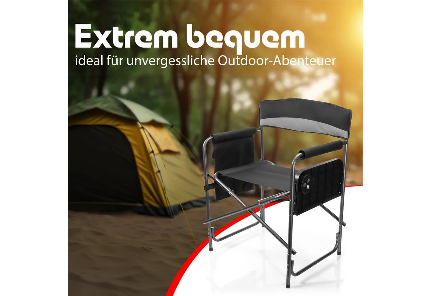 BigDean Campingstuhl Grau/Schwarz mit Klapptisch & Getränkehalter