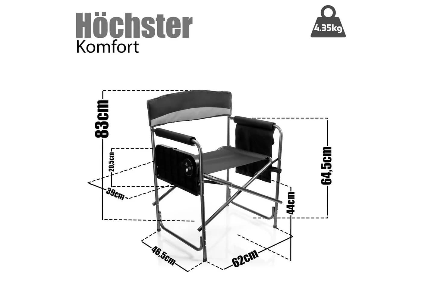 BigDean Campingstuhl Grau/Schwarz mit Klapptisch & Getränkehalter - Bild 3