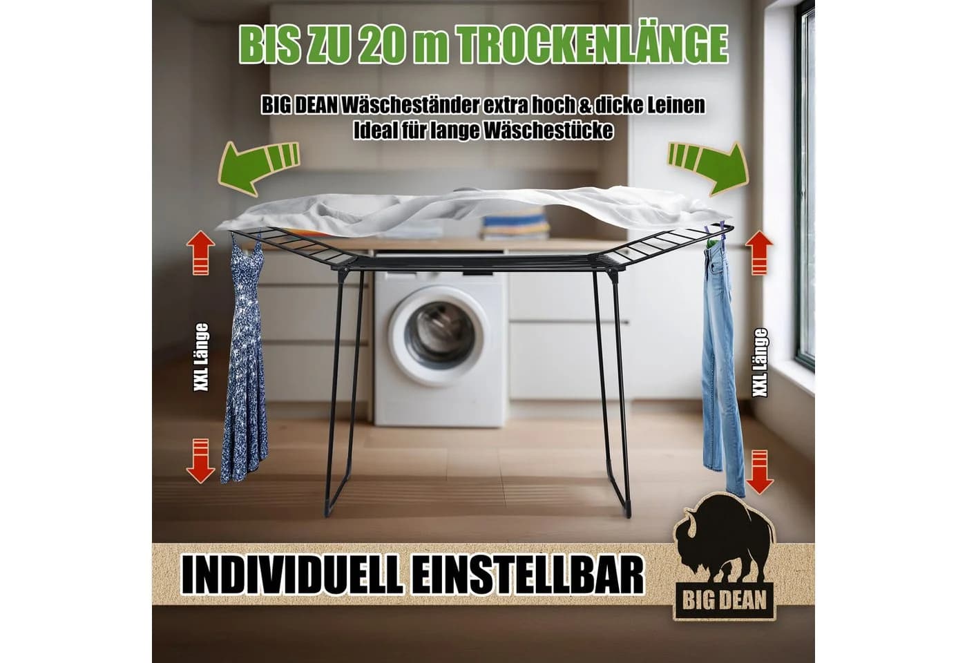 BigDean Wäscheständer 20m Schwarz Made in Europe