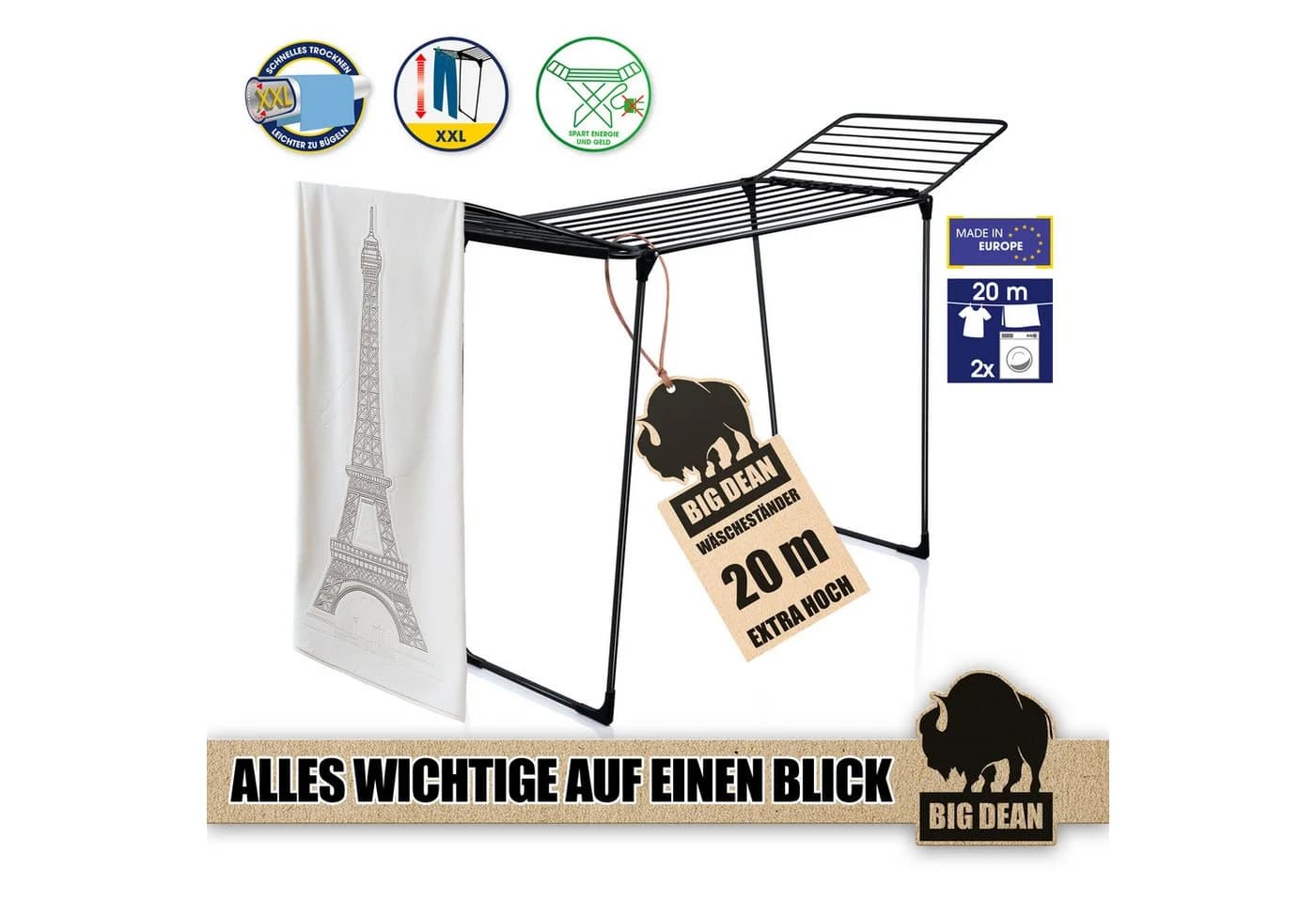 BigDean Wäscheständer 20m Schwarz Made in Europe - Bild 4