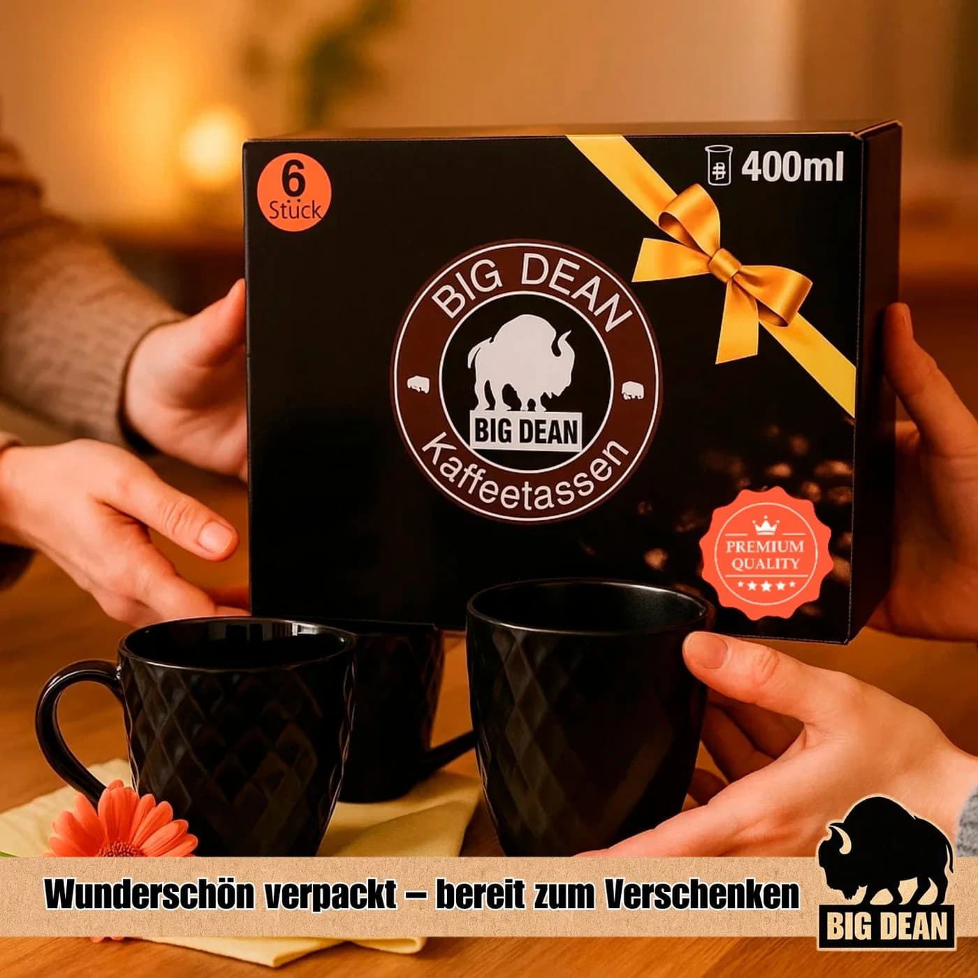 BigDean Kaffeetassen 6er Set 400ml Schwarz Matt Keramik