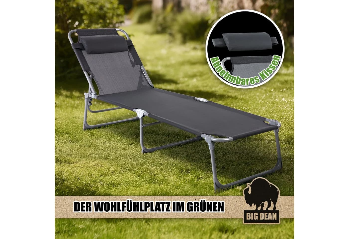 BigDean Gartenliege Sonnenliege Klappbar Mit Kopfkissen Extra Hoch Dunkelgrau 150 Kg