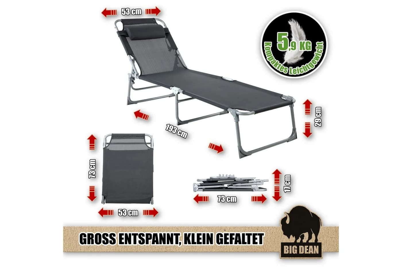 BigDean Gartenliege Sonnenliege Klappbar Mit Kopfkissen Extra Hoch Dunkelgrau 150 Kg - Bild 3