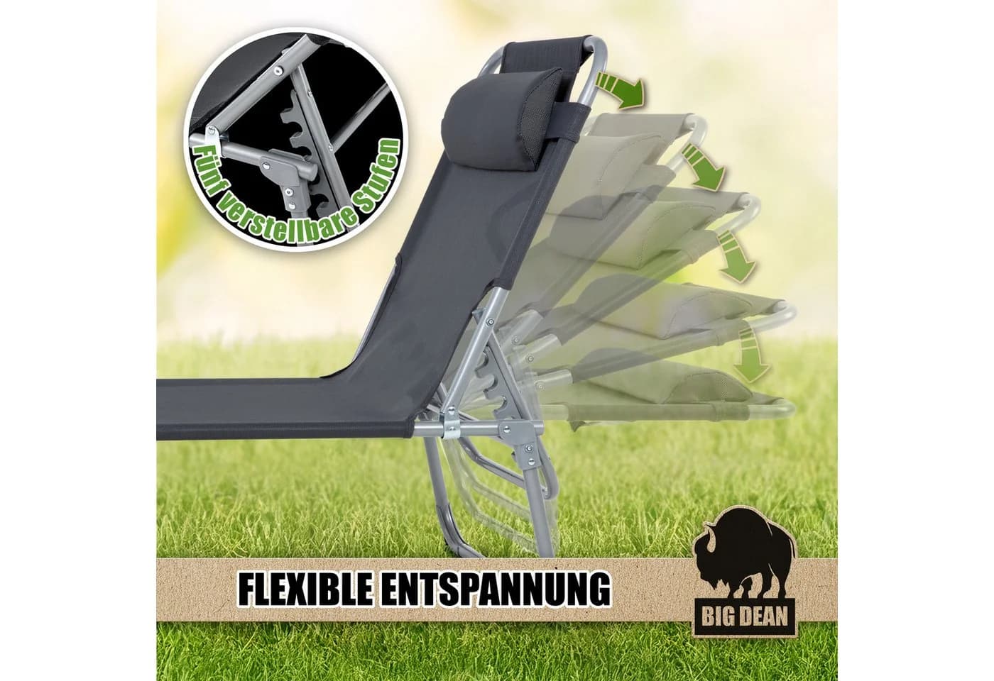 BigDean Gartenliege Sonnenliege Klappbar Mit Kopfkissen Extra Hoch Dunkelgrau 150 Kg - Bild 4