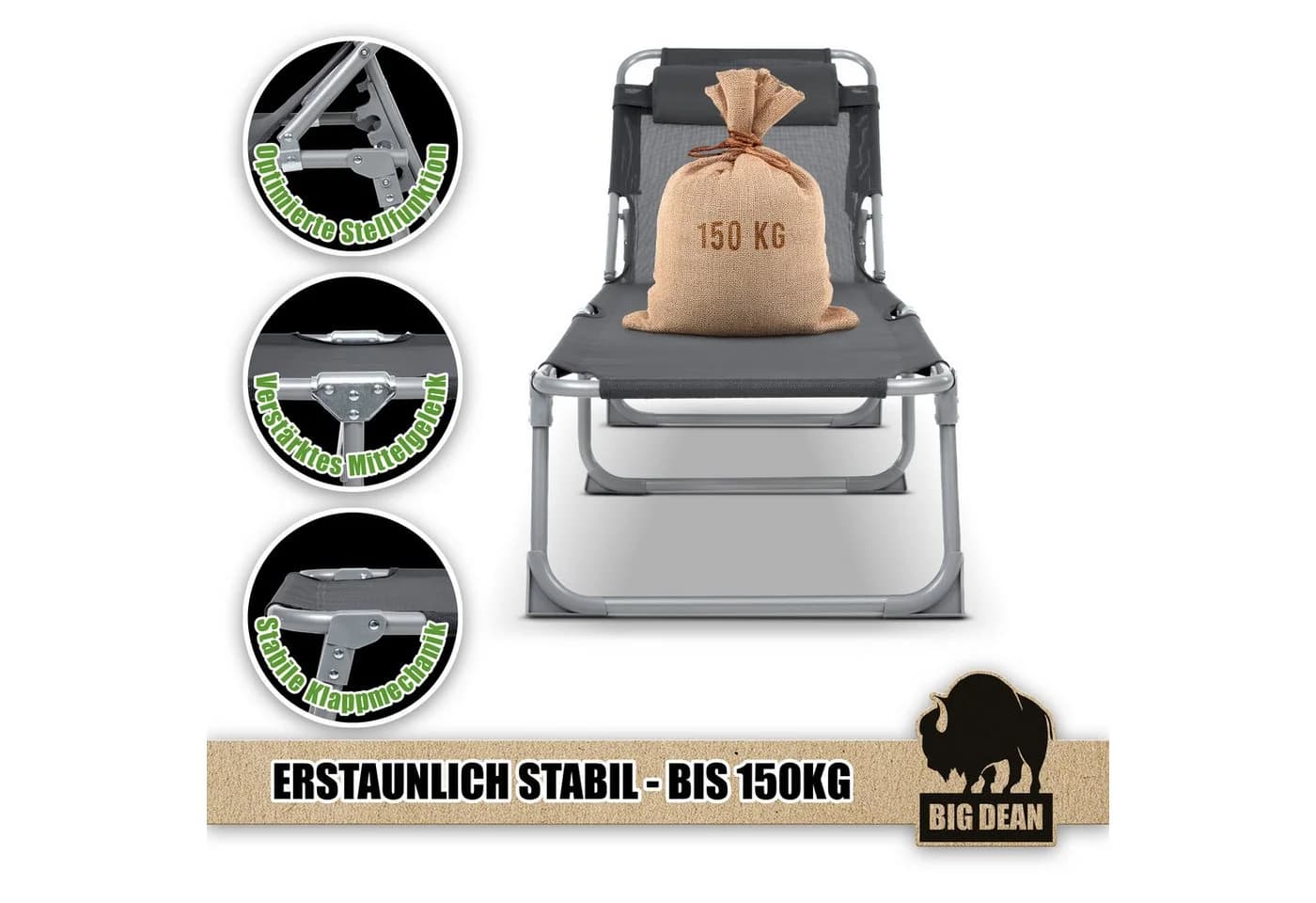 BigDean Gartenliege Sonnenliege Klappbar Mit Kopfkissen Extra Hoch Dunkelgrau 150 Kg - Bild 5
