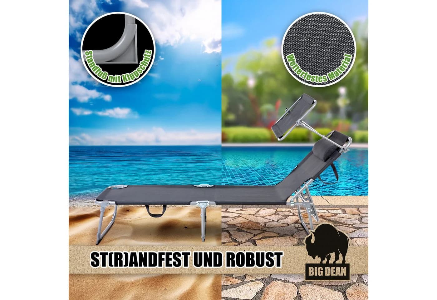 BigDean Gartenliege Sonnenliege klappbar mit Kopfkissen & Dach extra hoch dunkelgrau 150kg - Bild 5