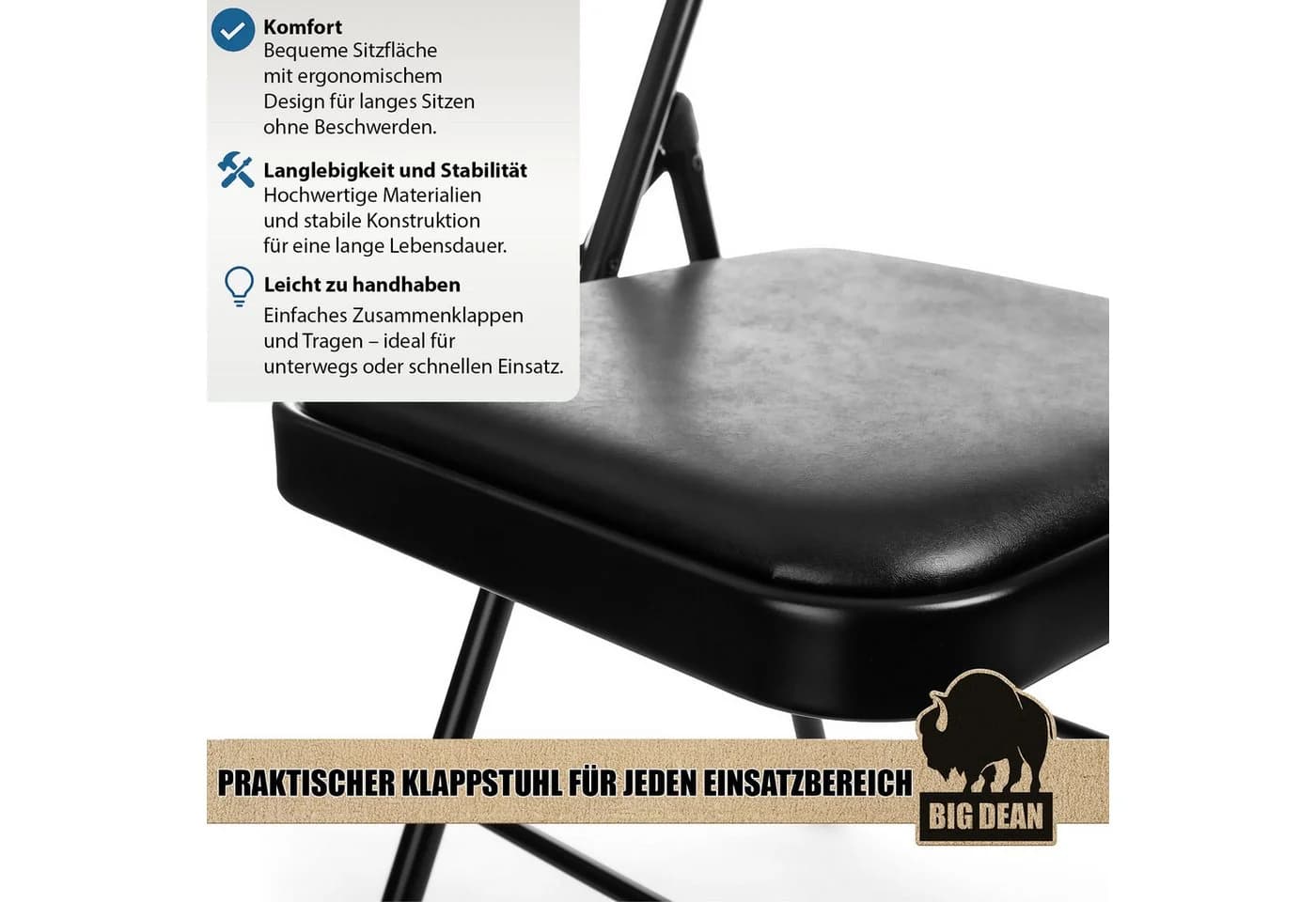 BigDean Klappstuhl 4er Set Gepolstert Schwarz Metall Kunstleder - Bild 3