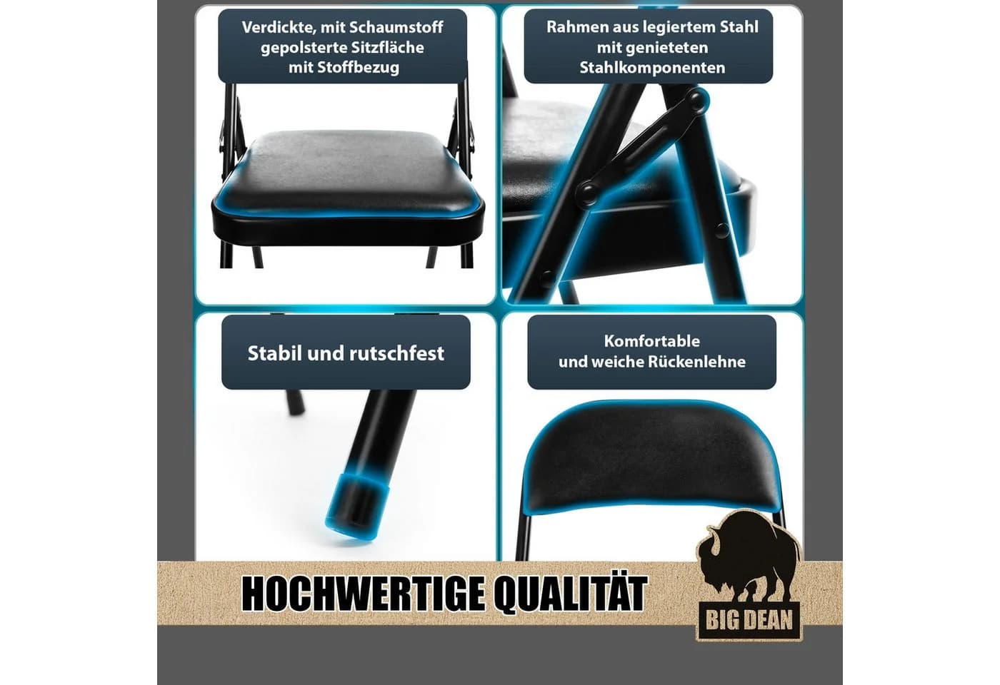 BigDean Klappstuhl 4er Set Gepolstert Schwarz Metall Kunstleder - Bild 5