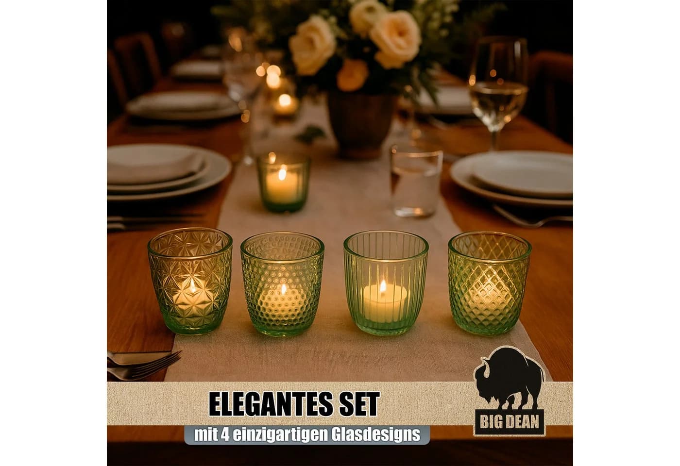 BigDean Teelichthalter Windlicht Glas grün 4er Set - Bild 5
