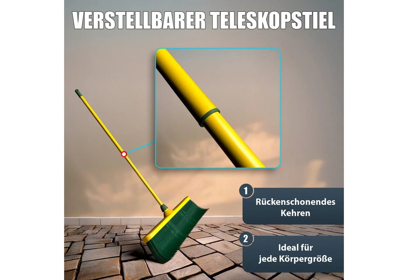 BigDean Krallenbesen XL mit Teleskopstiel und gebogenen Borsten, gelb/grün - Bild 4