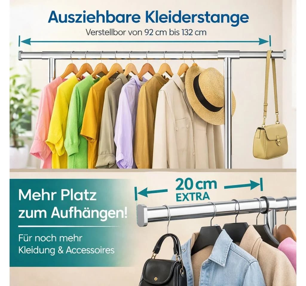 BigDean Kleiderständer auf Rollen silber ausziehbar bis 90 kg