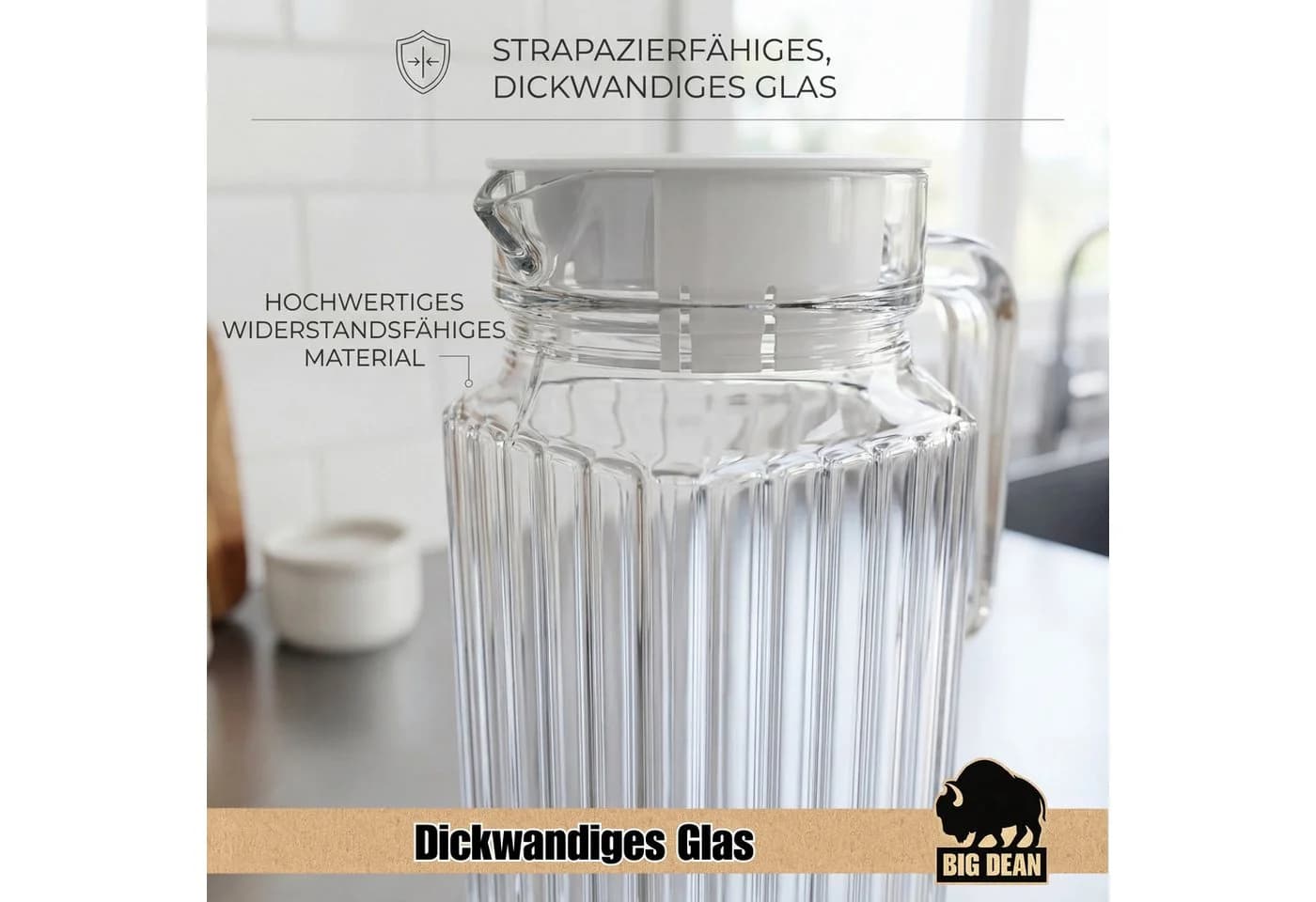 BigDean Wasserkrug 1,1 Liter Borosilikatglas mit Deckel - Bild 4