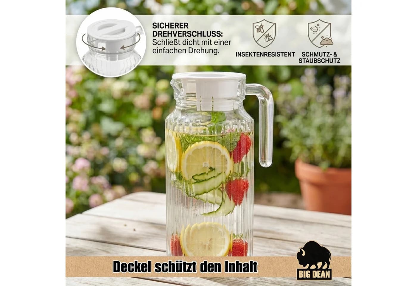 BigDean Wasserkrug 1,1 Liter Borosilikatglas mit Deckel - Bild 5