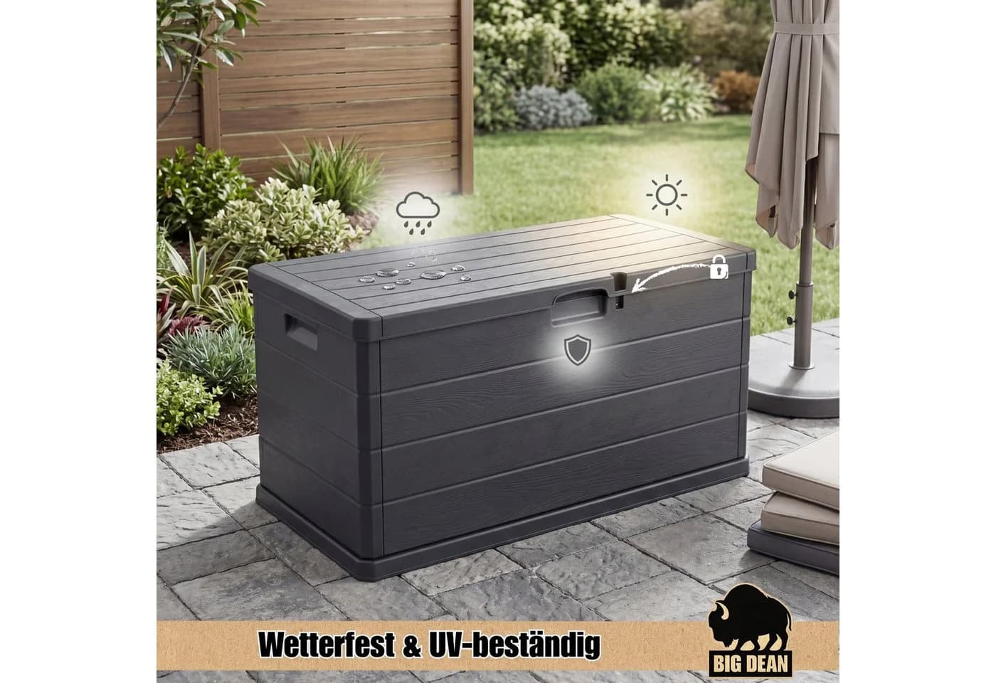 BigDean Auflagenbox 340L Wetterfest UV-Beständig Abschließbar - Bild 5