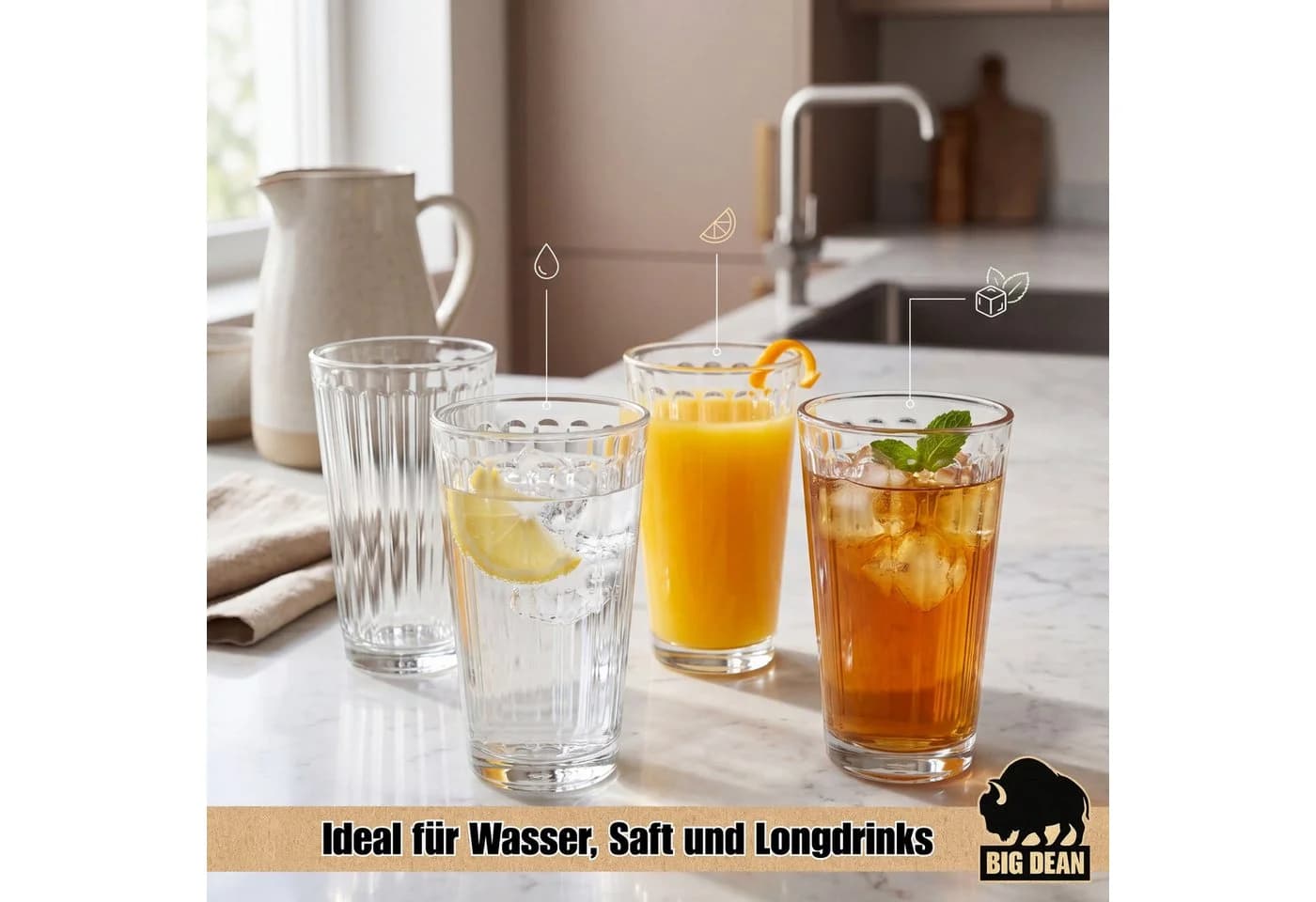 BigDean Longdrinkglas 6x Wassergläser 410ml Glas Riffeloptik