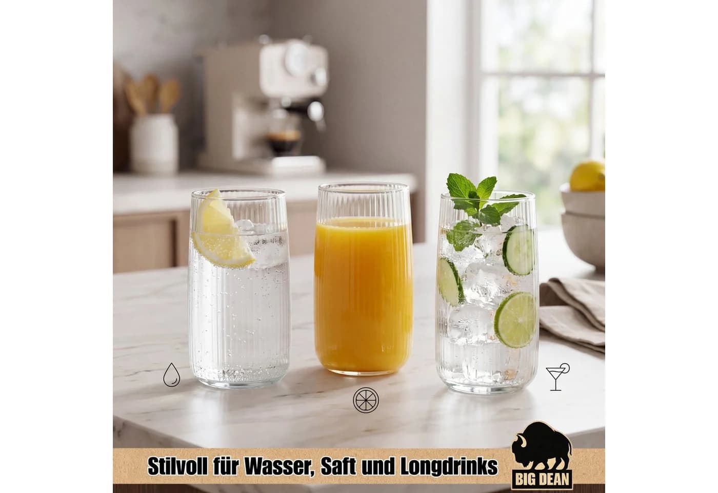 BigDean Longdrinkglas 6er Set Transparent Riffeloptik Glas