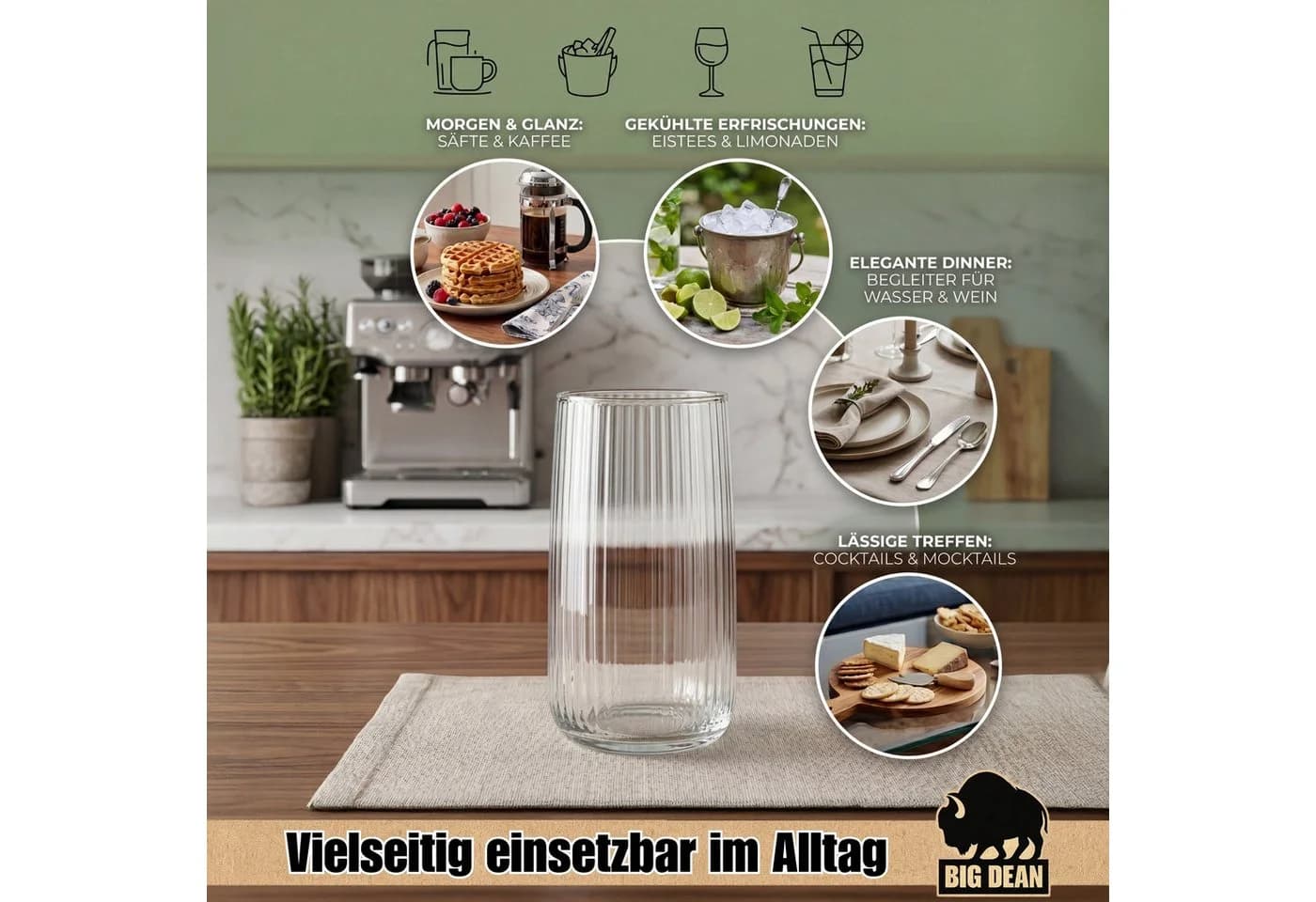 BigDean Longdrinkglas 6er Set Transparent Riffeloptik Glas - Bild 3