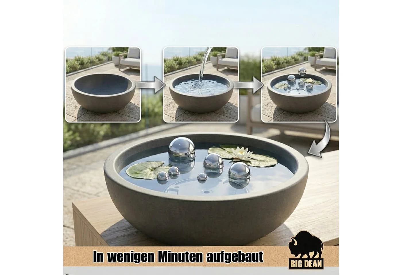 BigDean Miniteich Komplettset mit Schale & Teichkugeln, 7-tlg, Schwarz/Silber - Bild 5