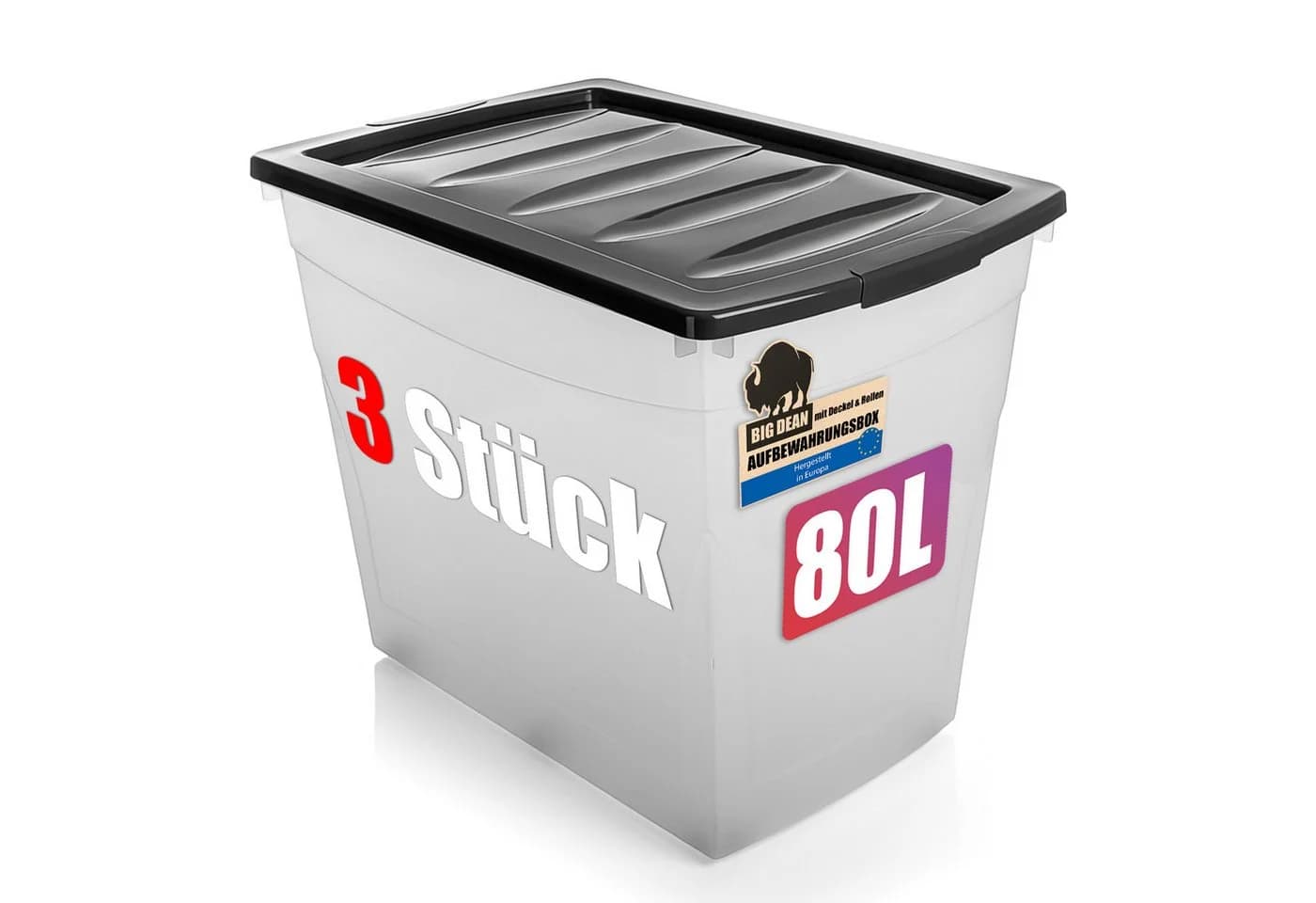 BigDean Aufbewahrungsbox 3x 80 L mit Deckel und Rollen - Bild 2