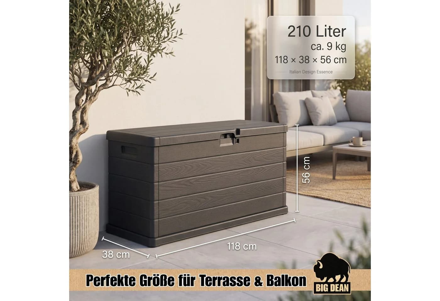 BigDean Auflagenbox 210L extra schmal Holzoptik mit Rollen