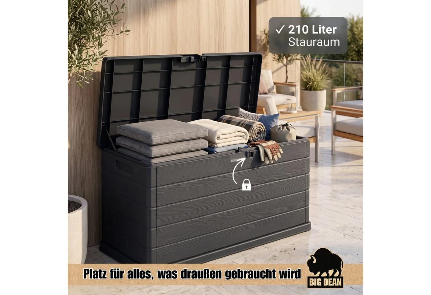 BigDean Auflagenbox 210L extra schmal Holzoptik mit Rollen - Bild 3