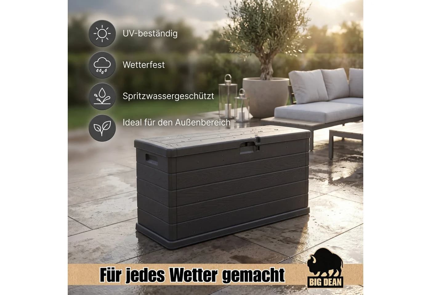 BigDean Auflagenbox 210L extra schmal Holzoptik mit Rollen - Bild 5