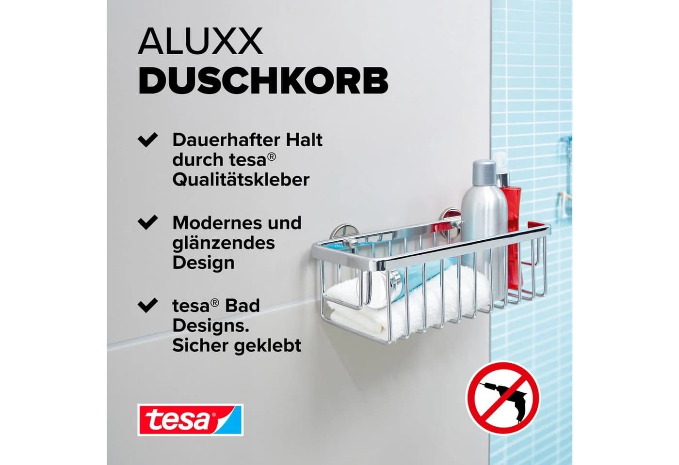 tesa ALUXX Duschablagekorb ohne Bohren silber glänzend - Bild 3
