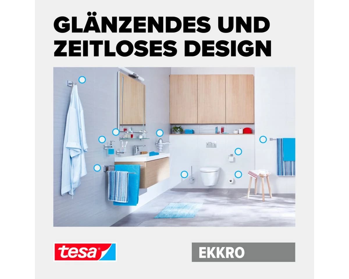 Tesa Klebehaken EKKRO Bademantelhaken Chrom, Badezimmer, Handtuchhalterung selbstklebend & ohne Bohren - silber glänzend - Bild 3