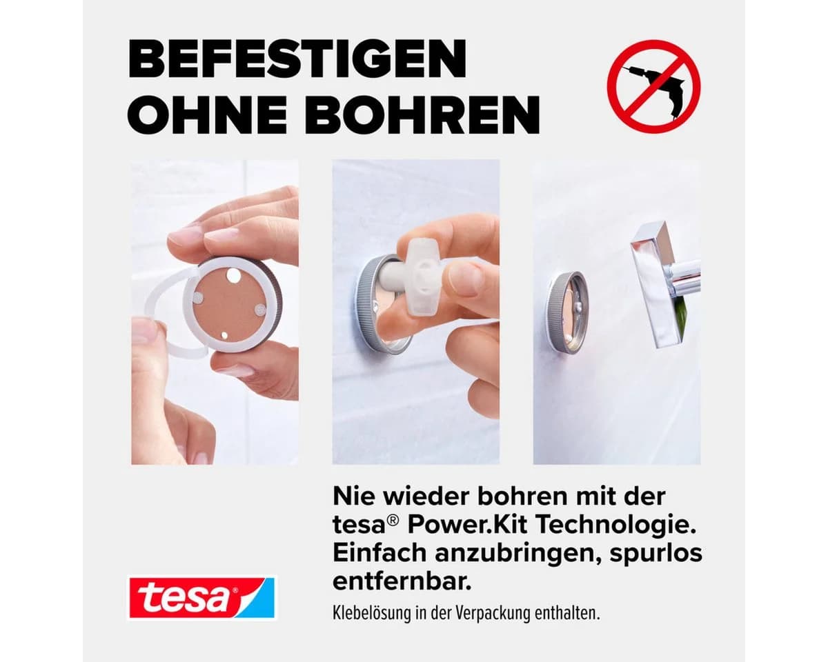 Tesa Klebehaken EKKRO Bademantelhaken Chrom, Badezimmer, Handtuchhalterung selbstklebend & ohne Bohren - silber glänzend - Bild 5