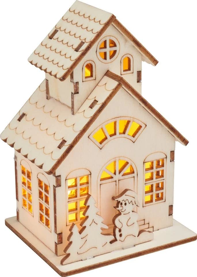VBS Deko-Holzbausatz Haus mit Turm & Schneemann mit LED-Licht