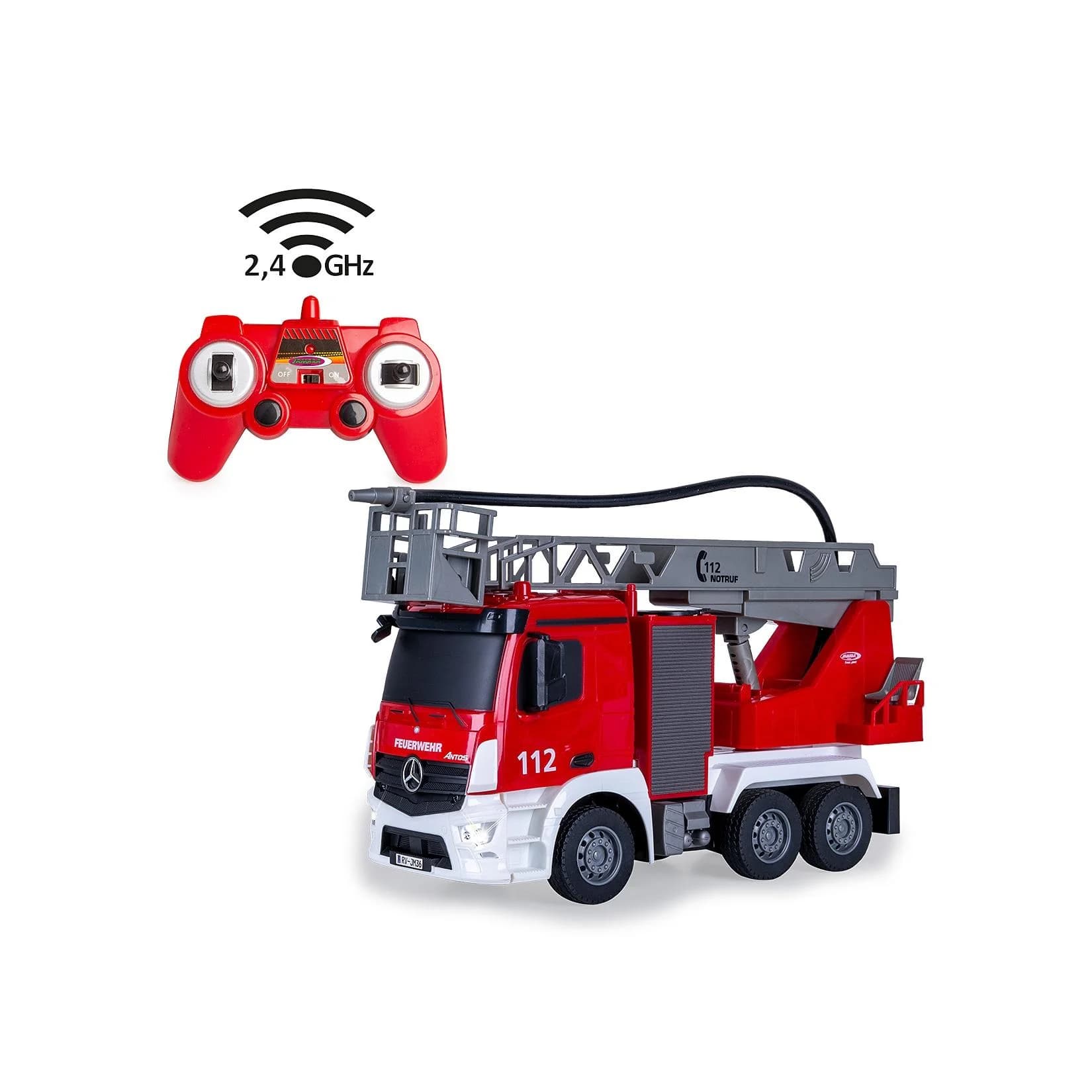 Jamara RC-LKW Feuerwehr Drehleiter Mercedes-Benz Antos 2,4GHz mit Spritzfunktion, LED-Licht, Maßstab 1:26