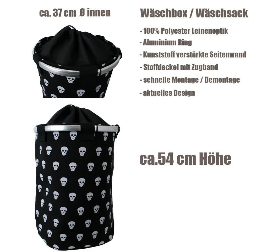 TE-Trend Wäschesammler 60L Faltbar Schwarz Skull Motiv