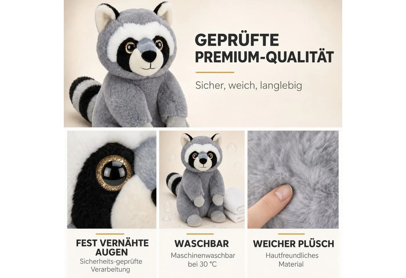 OTTO DE Kuscheltier Waschbär Plüschtier sitzend 27 cm grau mit Glitzeraugen - Bild 4