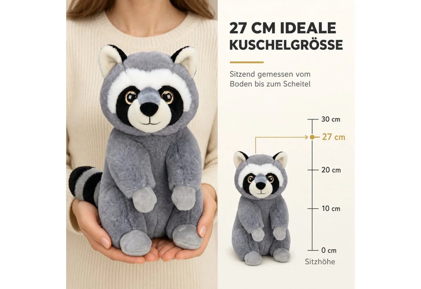 OTTO DE Kuscheltier Waschbär Plüschtier sitzend 27 cm grau mit Glitzeraugen - Bild 5