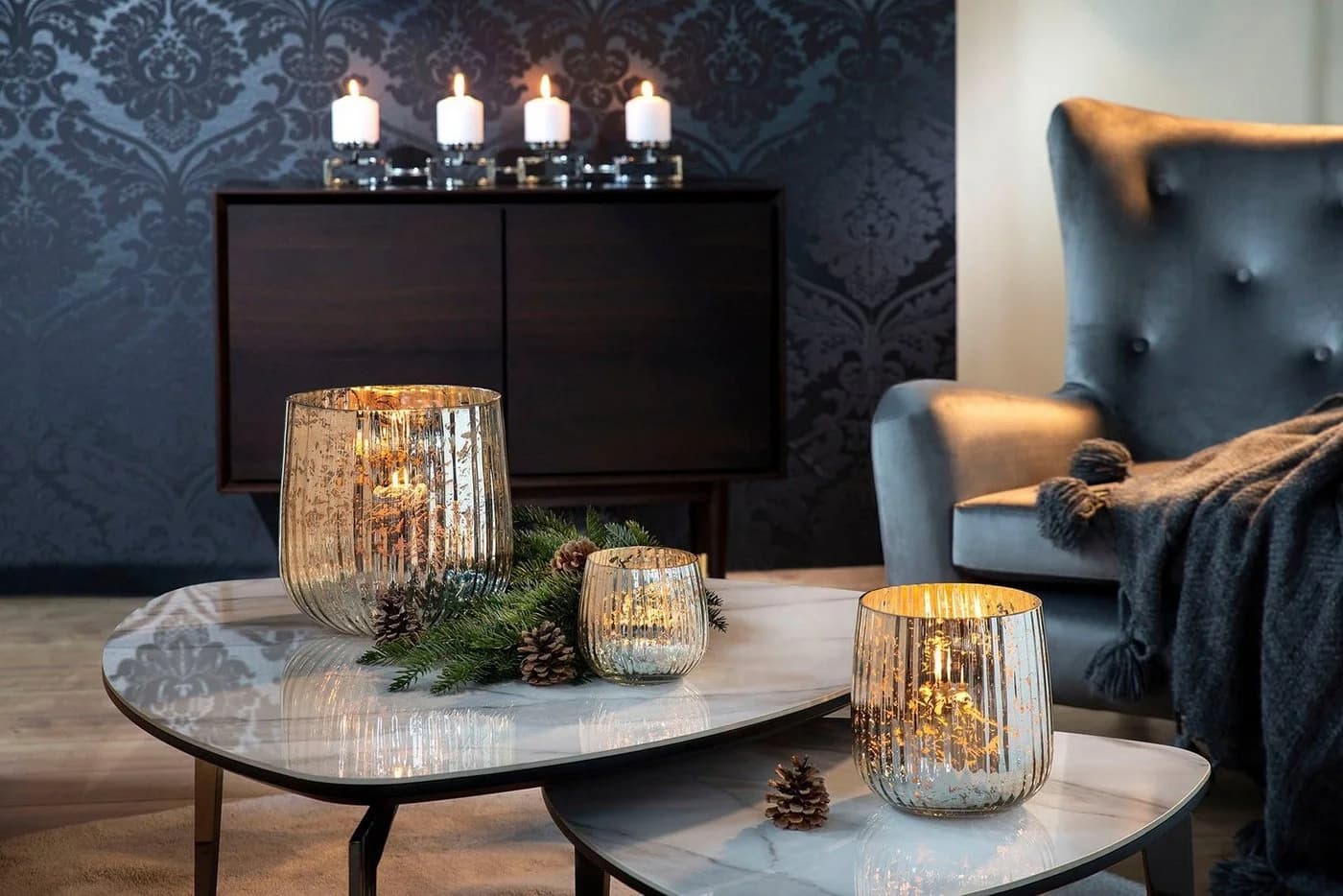 Fink Windlicht DARCY Glas Kerzenhalter Silber Rillen