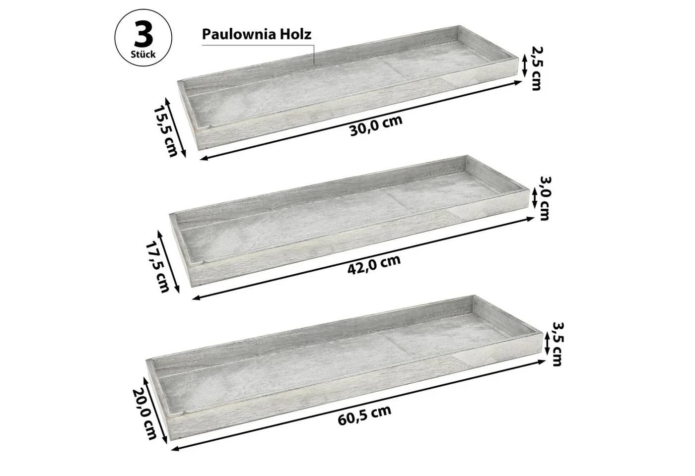 CEPEWA Dekotablett 3er Set Grau Paulownia Holz Rechteckig