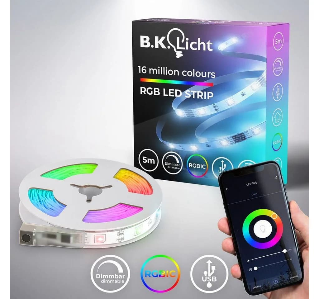 B.K.Licht LED-Streifen 5m Smart RGB-IC Flex-Band dimmbar Farbwechsel Wifi RGB Stripe USB 5V Fernbedienung selbstklebend - Bild 2